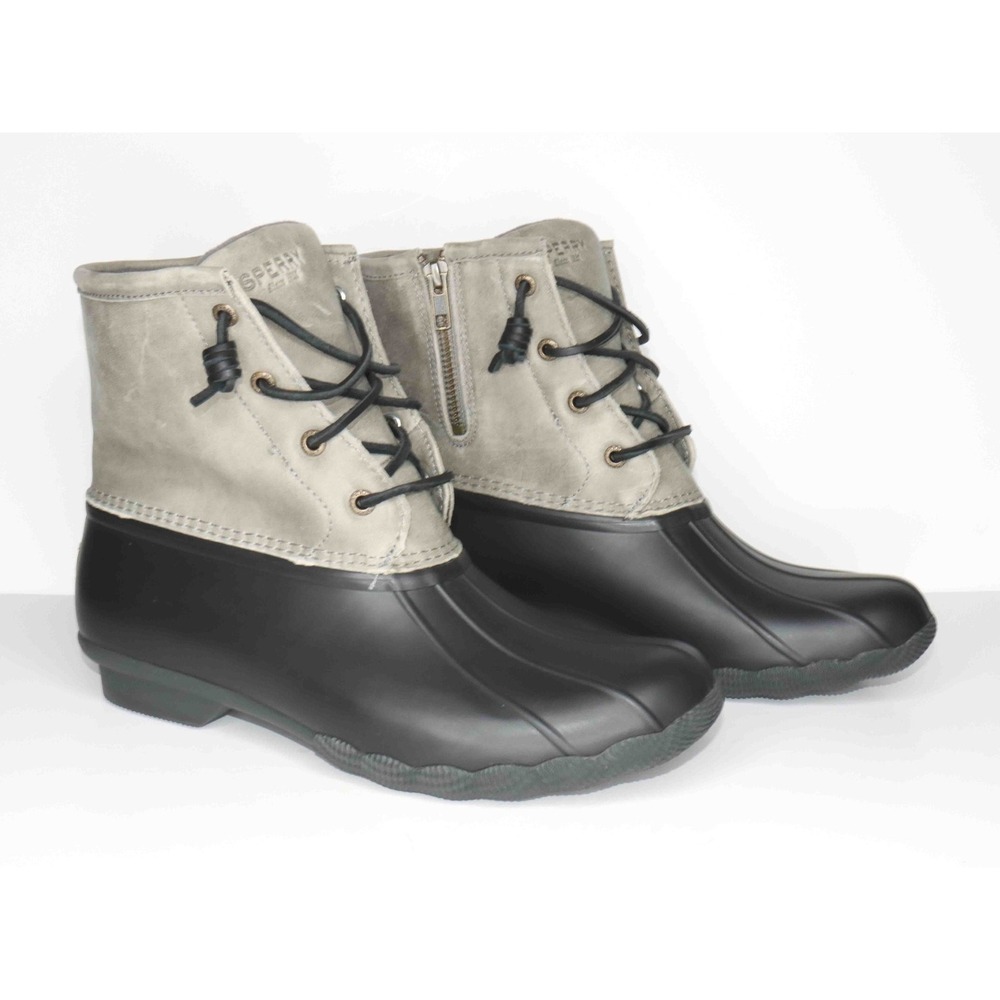 Sperry Saltwater Black Gray Waterproof Lace Up Ankle Rain Boot Leather Women 10M
